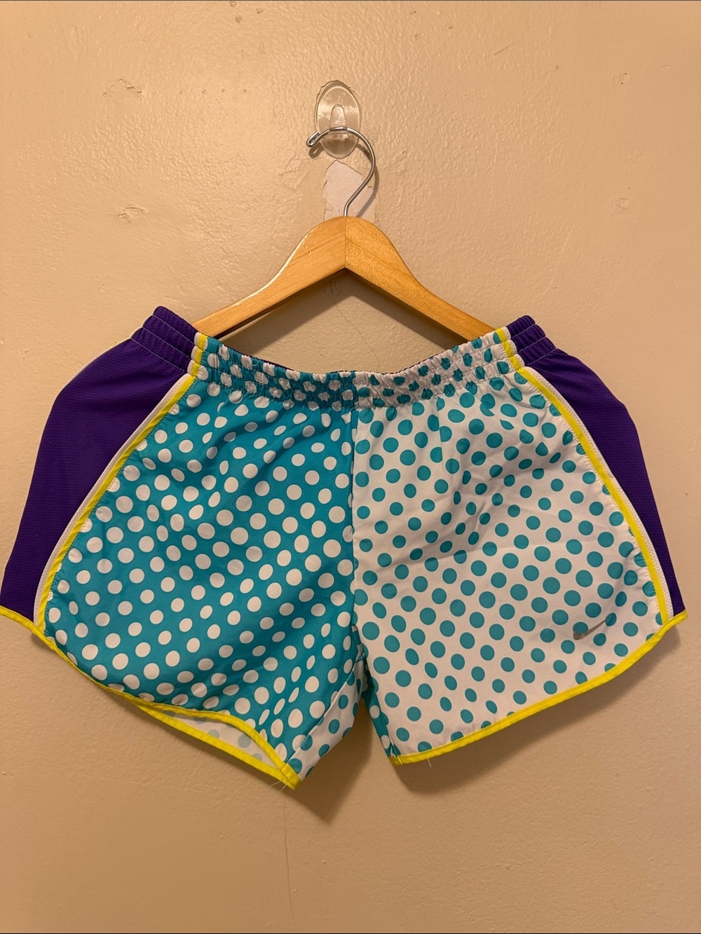 Nike Teal White Polka Dot Athletic Shorts with Purple Panels and Yellow Trim